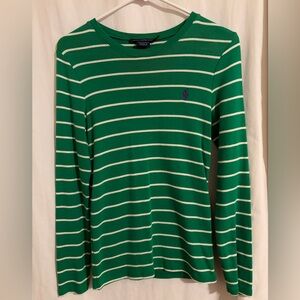 Ralph Lauren Sport Women’s Green White Striped Long Sleeve Shirt Logo Medium